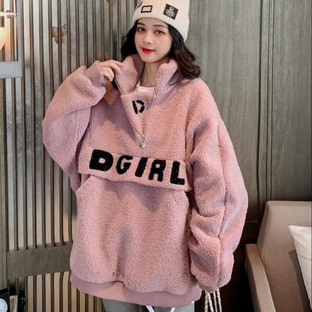 Pull Printemps et Automne pour Femmes Ample Grande Taille Automne et Hiver Col Montant Lâche Haut à Fermeture Éclair 2XL rose