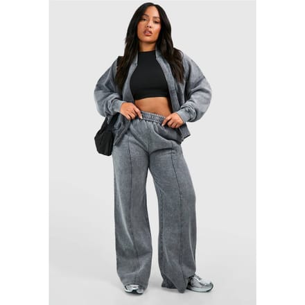 boohoo Dames Plus Washed Zip Through Bomber Straight Leg Trainingspak | Houtskool | Maat: 44