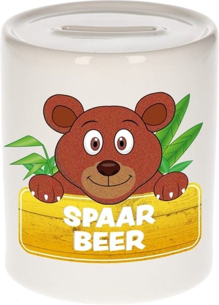 Kinder spaarpot - met beren print - 9 cm - wit - keramiek - met dop - beren spaarpotten