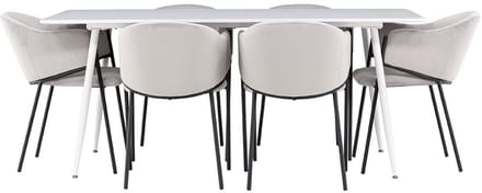 Silar eethoek tafel 90x180cm en 6 velours stoelen met armleuningen wit.