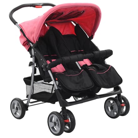 vidaXL - Tweelingkinderwagen - staal - roze - en - zwart
