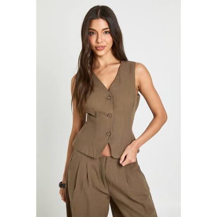 boohoo Dames Gilet Met Linnen Look | Brown | Maat: 8