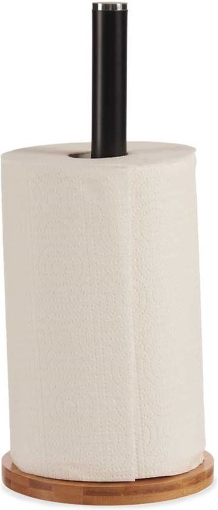 Stijlvolle basic bamboe hout/metalen keukenrolhouder hout/zwart 15 x 34 cm