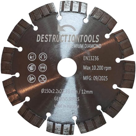 Destructiontools diamant zaagblad 150mm – voor gewapend beton – asgat 22,23 mm | Genesis series