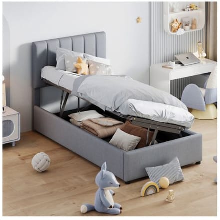 Lit d'enfant - MUVOE - 90x200 cm - Rangement hydraulique - Tissu en lin doux - Gris gris