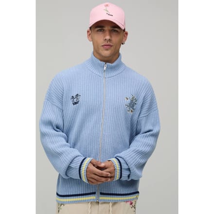 Geribbeld Gebreid Trainingsjack Met Trechterkraag En Borduursel | Light Blue | Size Medium