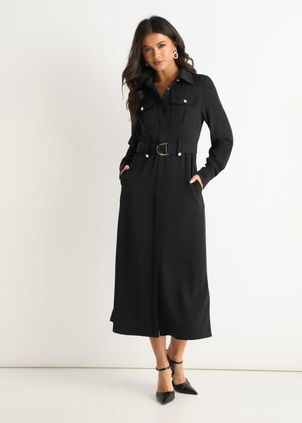 Zwarte luxe gouden knoop utility shirtjurk