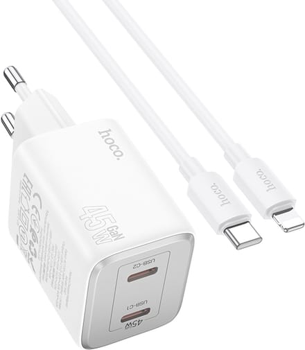 Hoco 45W Snellader - 2in1 Oplader USB C Set met Lightning Kabel Geschikt voor iPhone - Wit