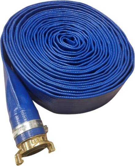 10 meter plat oprolbare slang PVC 38 mm 3bar blauw met gemonteerde messing Geka Koppeling