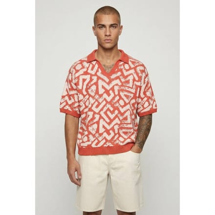 Oversized Boxy Abstract Jacquard Knitted Polo T-Shirt | Orange | Size Small