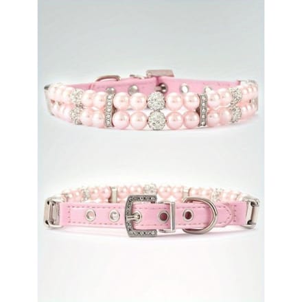 Collier pour animal de compagnie en fausses perles M rose