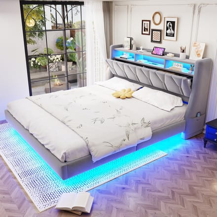 MODFU Bedframe 180x200 cm – Fluweel met opklapbaar hoofdbord & LED – Lichtgrijs