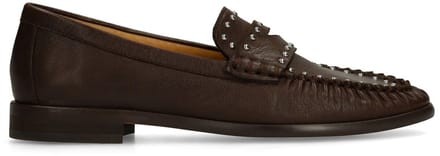 Manfield - Dames - Bruine leren loafers met zilverkleurige studs - Maat 36