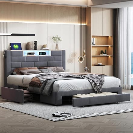 MOTUZP Gestoffeerd tweepersoonsbed, 140 x 200 cm, functioneel bed met ledlicht en USB-aansluiting, bedlade met laden, tienerbed, lattenbodem