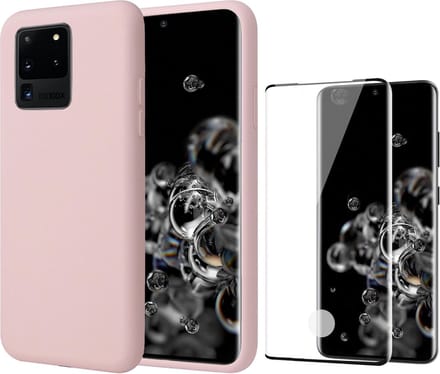 Hoesje geschikt voor Samsung S20 Ultra - Liquid Siliconen Case + Screen Protector Full - Roze