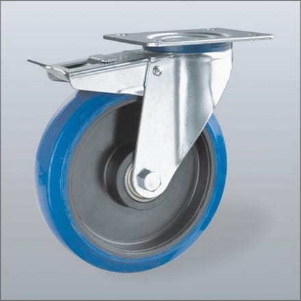 Blauw elastisch rubber zwenkwiel geremd met topplaat - 200mm - 350kg