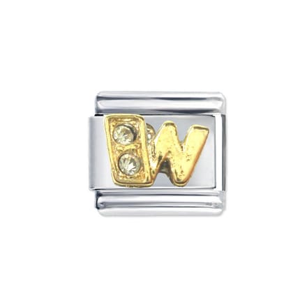 Schakel Bedel - Letter W - met strass - 9mm- Passend op Italiaanse Bedelarmband - Plated