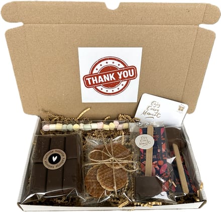 Bedankt choco brievenbus cadeau - chocoladestick - chocolade - marshmallows - stroopwafels