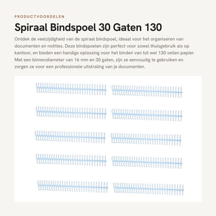 Dailygoods- Bindspoel 10 Stuks - Spiraalvormige Bindspoel - 30 Gaten - 16 mm Binnendiameter - 130 Vel Capaciteit - Plastic Stekels - Bindring