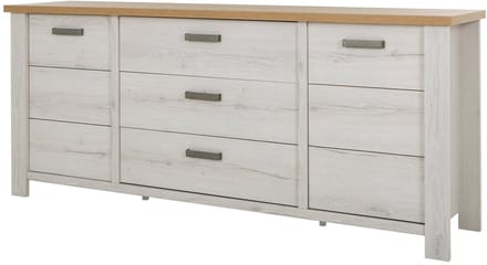 Dressoir Mano 220 cm – 2 deuren en 3 laden – Wit gekalkte houtstructuur met eik artisan bovenblad