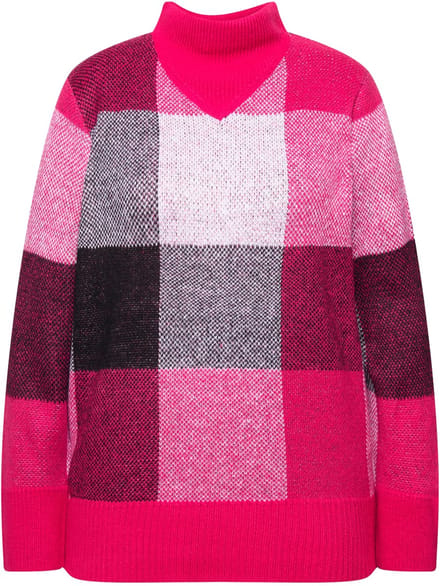 Ulla Popken - Dames - Pullover ruitpatroon opstaande kraag lange mouwen - Rood roze - Maat 54+