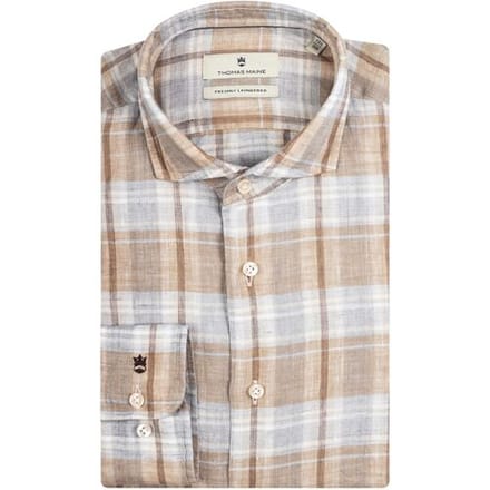 Thomas Maine Overhemd Roma Linnen Big Check Modern Kent Blauw-Beige / male
