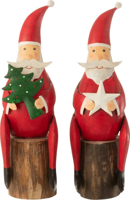 J-Line figuur Kerstman Boom Ster Op Voet - ijzer/hout - rood - 2 stuks