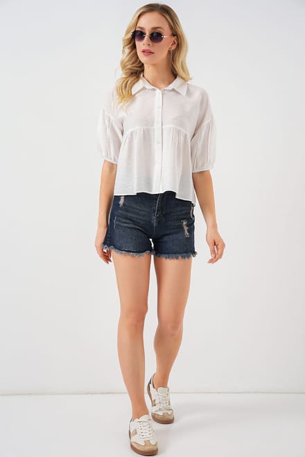 Losse Cropped Knop-Up Shirt met Kraag