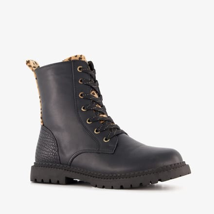 Blue Box meisjes veterboots met luipaard details zwart - Maat 38
