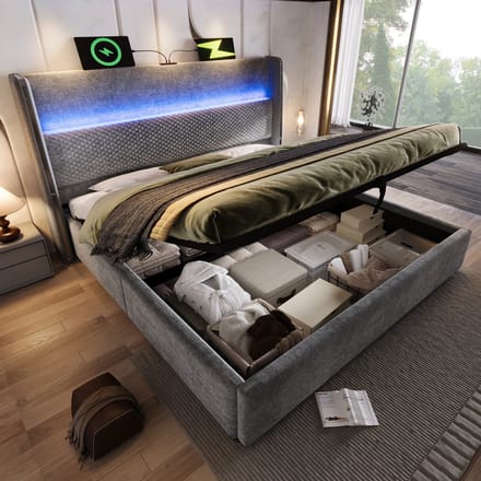 Sweiko Tweepersoonsbed - 140 x 200 cm - LED-verlichting - Opbergruimte - USB/Type-C - Linnen - Grijs
