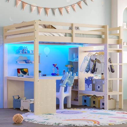 Pugsdrly hoogslaper 140x200 met multifunctionele planken, bureau onder het bed, led-verlichting en USB, naturel
