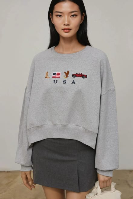 Geborduurd Crew Neck Katoenen Verhoogd Sweatshirt