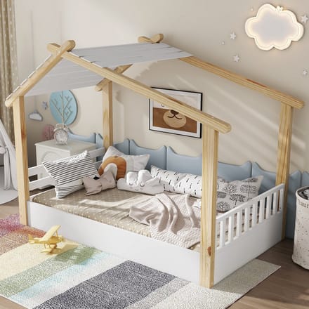 MODFU - Kinderbed – 90x190 cm – Huisvorm – Eenvoudig ontwerp – Grenen – Wit/Naturel