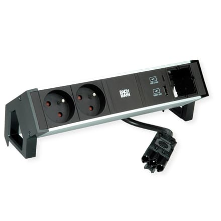 BACHMANN DESK2 ALU ZWART 2xUTE 1xCM 1xUSB A/C 22W 0,2m GST18