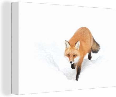 Canvas Schilderij Vos - Sneeuw - Winter - 90x60 cm - Wanddecoratie