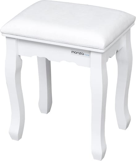 Kaptafel Kruk – Make Up Kruk met Gestoffeerde Zitting en Traagschuim – Massief Houten Poten – 130 kg Draagvermogen – Zithoogte 45 cm – 37 x 28 x 45 cm – Wit – Monza Home