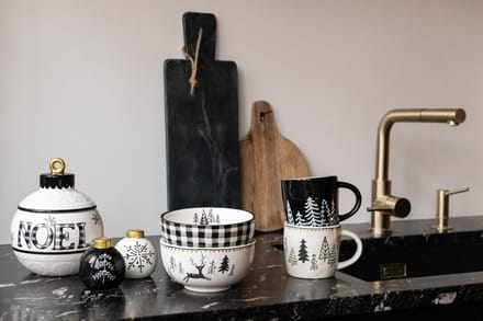 J-Line mok Kerstmis Dolomiet - keramiek - wit/zwart - 2 stuks