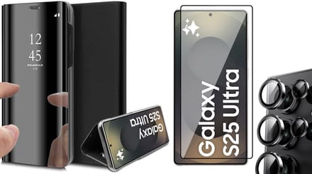 Hoesje geschikt voor Samsung Galaxy S25 Ultra - Screenprotector Glas & Camera - Spiegel Book Case Zwart