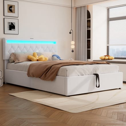 MODFU Bedframe 140x200 cm – linnen wit – met LED, USB-C, hydraulische opbergruimte en 28 latten – slim design