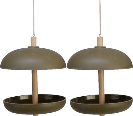 Decoris vogel voedersilo - 2x stuks - bamboe hout - donkergroen - 21 x 25 cm