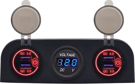 ProRide 12V USB Autolader 4 Poorten - QC3.0 - P12530 - Drievoudig opbouw paneel met Voltmeter