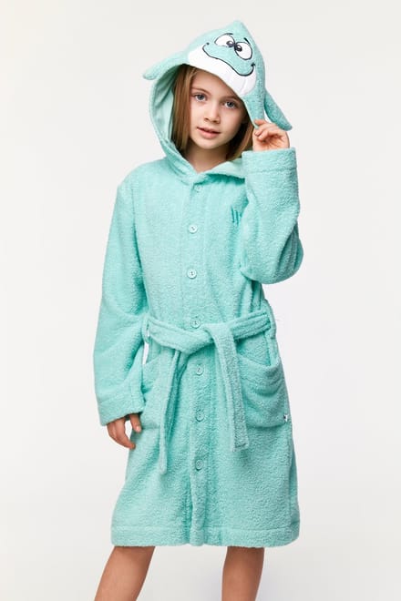Woody badjas unisex - turquoise - walvis - 231-1-ROA-B/702 - maat 98