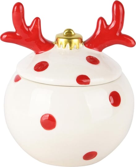 Dekoratief | Bewaarpot kerstbal m/gewei, wit/rood, keramiek, 10x10x12cm | A245794