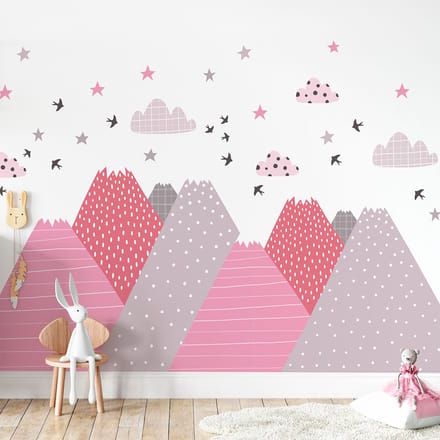 Kinderstickers met Scandinavische bergen, roze, 110 x 165 cm
