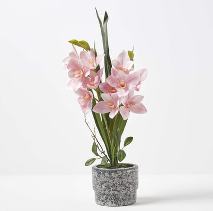 Homescapes Roze kunstorchidee in donkergrijze cementpot, 58 cm
