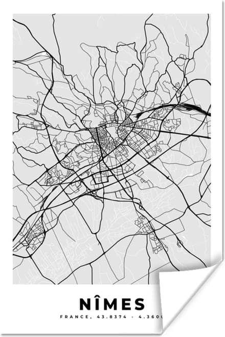 Poster Kaart - Stadskaart - Nîmes - Plattegrond - Frankrijk - 20x30 cm