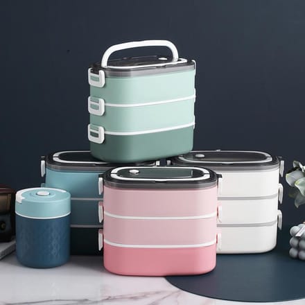 Meerlaagse lunchbox roestvrij staal verzegeld lekvrij magnetronverwarming handige handgreep lunch gray