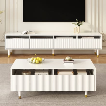 MODFU - Woonkamerset - LED-Verlichting En Opbergruimte - Golfstructuur - Modern - MDF - Wit