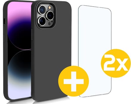Hoesje en Screenprotector Combi Geschikt Voor iPhone 14 Pro - Zwarte Siliconen Hoesje + 2x Screenprotector