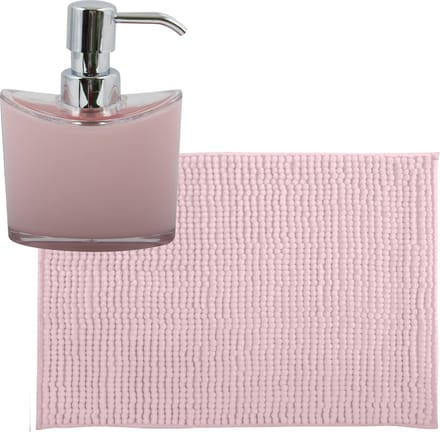 MSV badkamer droogloop mat/tapijtje - 40 x 60 cm - en zelfde kleur zeeppompje 260 ml - lichtroze